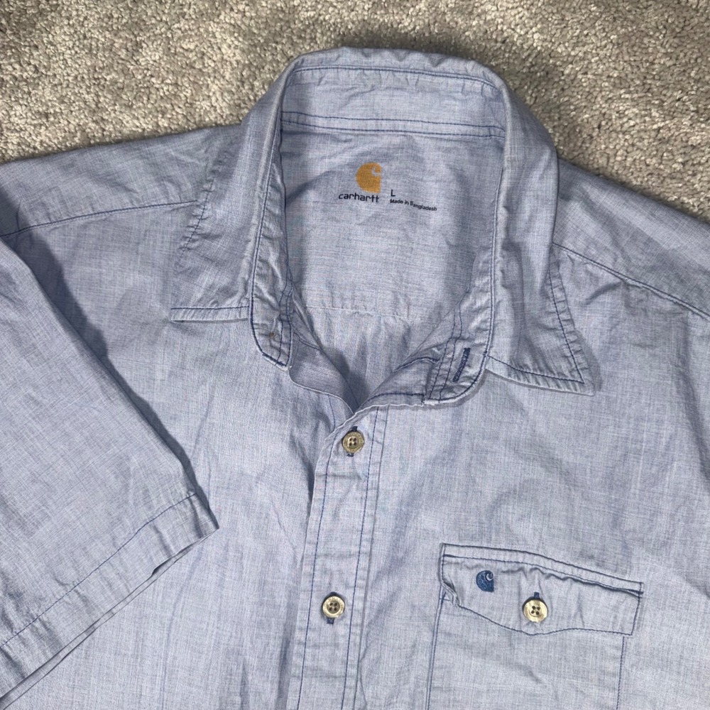 Carhartt Men's Large Blue Chambray Short Sleeve Button Down Work Shirt